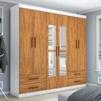 Guarda-Roupa Casal Genova 6 Portas 4 Gavetas com Espelho Branco/Cinamomo - Carioca Móveis
