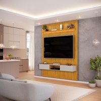 Painel com Bancada para TV até 65 Polegadas Ripado com LED DJ Móveis Trento 183 Cedro Bali