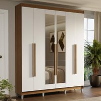 Guarda-Roupa Casal com Pés 6 Portas Batentes com Espelho Rustic/Branco/Rustic Saturno Madesa