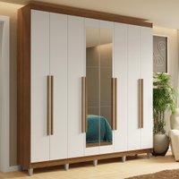 Guarda-Roupa Casal com Pés 8 Portas Batentes com Espelho Rustic/Branco/Rustic Saturno Madesa