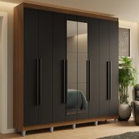 Guarda-Roupa Casal com Pés 8 Portas Batentes com Espelho Rustic/Preto/Preto Saturno Madesa