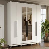 Guarda-Roupa Casal com Pés 6 Portas Batentes com Espelho Branco/Branco/Preto Saturno Madesa