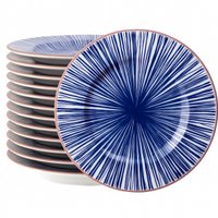 Jogo 12 Pratos Rasos Porcelana Decorada Azul Tramontina Abstratta Restaurante Hotel
