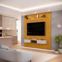 Painel com Bancada para TV até 75 Polegadas Ripado com LED DJ Móveis Trento 223 Cedro Bali
