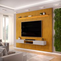 Painel com Bancada para TV até 75 Polegadas Ripado com LED DJ Móveis Trento 275 Cedro Bali