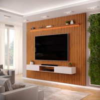 Painel com Bancada para TV até 75 Polegadas Ripado com LED DJ Móveis Trento 275 Freijó Off White