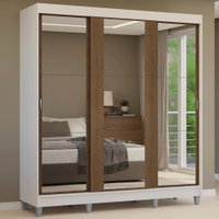 Guarda-Roupa Casal com Pés 3 Portas de Correr de Espelho Branco/Rustic Reno Madesa