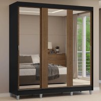 Guarda-Roupa Casal com Pés 3 Portas de Correr de Espelho Preto/Rustic Reno Madesa