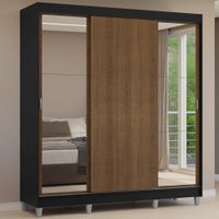 Guarda-Roupa Casal com Pés 3 Portas de Correr com Espelhos Preto/Rustic Reno Madesa