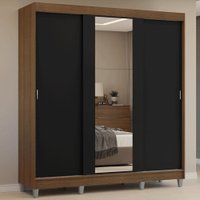 Guarda-Roupa Casal com Pés 3 Portas de Correr com Espelho Rustic/Preto Reno Madesa