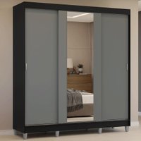 Guarda-Roupa Casal com Pés 3 Portas de Correr com Espelho Preto/Cinza Reno Madesa