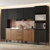 Armário de Cozinha Completa Miami Look Carraro Preto Touch com Freijó