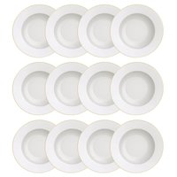 Kit 12 Pratos Fundos Branco Borda Dourada Porcelana Elisa 23cm Filetado Tramontina