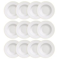 Kit 12 Pratos Rasos Jantar Branco Borda Dourada Porcelana 28cm Elisa Tramontina Aba Larga