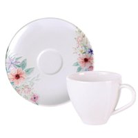 Xícara e Pires Chá Café Tramontina Floratta 100ml Porcelana Decorada Floral 2 Peças