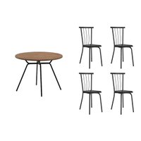 Sala de Jantar Completa 1588 Aço c/ Tampo Madeirado 100x100cm e 4 Cadeiras 154 Preto/Freijo - Corano Preto - Carraro