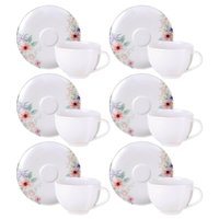 Jogo 6 Xícaras com Pires Chá Café 250ml Tramontina Floratta Porcelana Floral Servir Mesa Posta