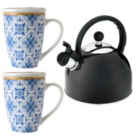 Kit 2 Xícaras Porcelana Chá Tampa Infusor e Chaleira Inox co