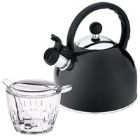 Kit Chaleira Preta de Inox com Apito e Açucareiro de Mesa com Colher Transparente Chá Café