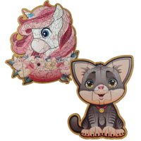 Kit 2 Jogos Quebra Cabeças Moldura em Madeira MDF Infantil Educativo Unicórnio e Gato