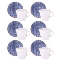 Jogo 6 Xícaras com Pires Porcelana Tramontina 200ml Café Chá Cappuccino Abstratta Azul Mesa Posta