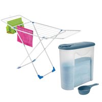 Kit Varal de Chão Dobrável 148x56cm e Pote Porta Sabão em Pó 1kg Plástico com Tampa Dosadora