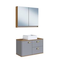 Gabinete De Banheiro 80Cm Lívia 100% Mdf Com  Espelheira 2 Portas Freijo/Urbi  Com Cuba Branca