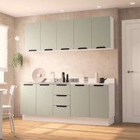 Cozinha Compacta Sem Tampo com Rodapé Meena 9 Portas 3 Gavetas Verde e Branca
