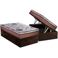 Cama Box Baú Solteiro: Colchão Molas Ensacadas Luckspuma Caribe + Base CRC Suede Brown(88x188)