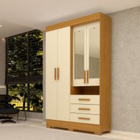 Guarda-Roupa Solteiro Débora Capelinha 4 Portas 3 Gavetas com Espelho 100% Mdf Cinamomo/Off White - Acp Móveis