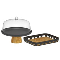Conjunto Bandeja Retangular e Boleira Cúpula Plástica 25cm com Pé Bambu Lume Preto Ou