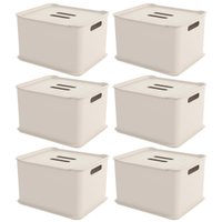 Kit 6 Caixas Organizadoras 23,9L com Tampa Cesto Brinquedos Closet Bege Coza Fit