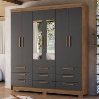 Guarda-Roupa Casal Marilena de 6 Portas 9 Gavetas Jatoba/Grafite com Espelho - Pnr Móveis