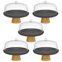Kit 5 Boleiras com Tampa 25cm Pé Bambu Prato para Bolo Torta Doces Padaria Ou Lume Preto