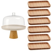 Conjunto Boleira com Tampa e 6 Bandejas de Bambu Retangulares Mesa Posta Cozinha