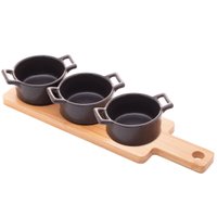 Petisqueira Bambu 3 Ramekins Panelinhas Porcelana Preta Servir Petiscos Molhos Wolff