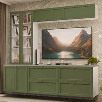 Estante Sala de Estar com Rack + Cristaleira 230cm Branco/Verde Vik Madesa 01