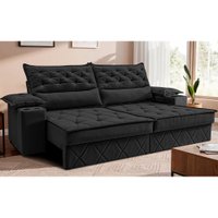 Sofá Retrátil e Reclinável 2,10m com Porta Copos e Molas Cosmos Velusoft Preto Cama inBox
