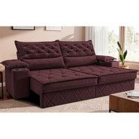 Sofá Retrátil e Reclinável 2,40m com Porta Copos e Molas Cosmos Velusoft Vinho Cama inBox