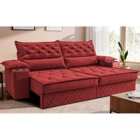 Sofá Retrátil e Reclinável 2,40m com Porta Copos e Molas Cosmos Velusoft Vermelho Cama inBox