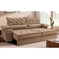 Sofá Retrátil e Reclinável 2,10m com Porta Copos e Molas Cosmos Velusoft Bege Cama inBox