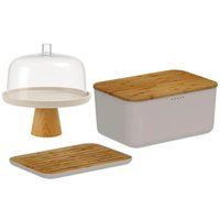 Conjunto Boleira com Cúpula e Pé Tábua Migalheira Porta Pão com Tampa Bege Plástico Bambu Ou