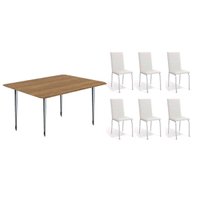 Conjunto: Mesa Sala Jantar Iguaçu c/ Tampo de Madeira 1.60cm + 6 Cadeiras Amsterdã Cromada/Branco 106 - Kappesberg