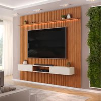 Painel Para TV Até 90 Polegadas 2,75m Ripado Autêntico Com Led e Nicho Montreal Madeirado/Off White