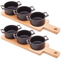 Kit 2 Petisqueiras de Bambu com Ramekins Panelinhas Porcelana para Molhos Patês Wolff