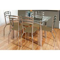 Sala de Jantar Completa Elba c/ Tampo de Vidro 150cm e 6 Cadeiras Portugal Cromada - Corano Capuccino - Kappesberg