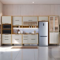 Armário de Cozinha Modulada com Balcão e Tampo 14 Portas 6 Gavetas ágata 100% Mdf Vidro Reflecta Amêndoa/Off White -