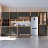 Armário de Cozinha Modulada com Balcão e Tampo 14 Portas 6 Gavetas ágata  100% Mdf Vidro Reflecta Amêndoa/Chumbo -