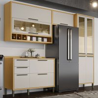 Armário de Cozinha Modulada com Balcão e Tampo 9 Portas 3 Gavetas ágata 100% Mdf Vidro Reflecta Amêndoa/Off White -