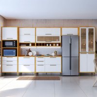 Armário de Cozinha Modulada com Balcão e Tampo 14 Portas 6 Gavetas ágata 100% Mdf Vidro Reflecta Amêndoa/Branco -